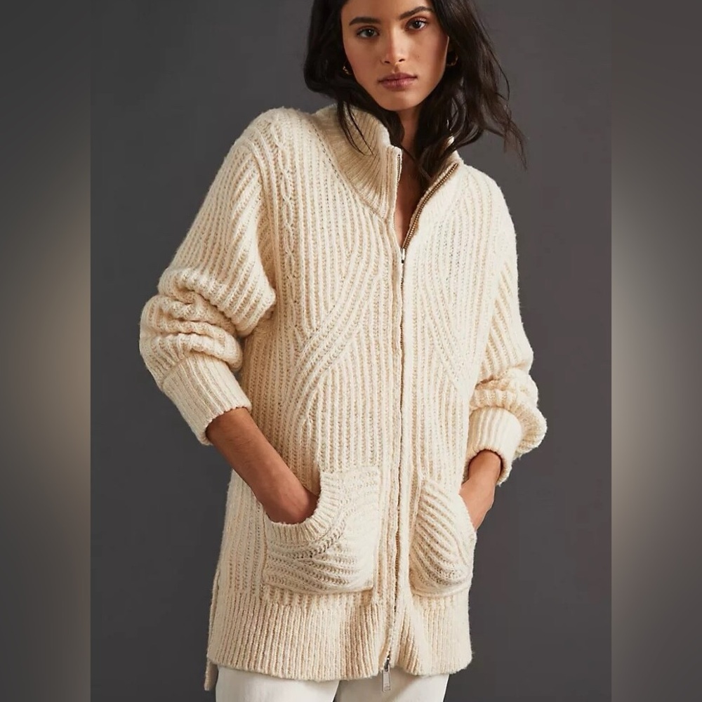 Pilcro Cream Textured Knit cardigan zip up worn and washed